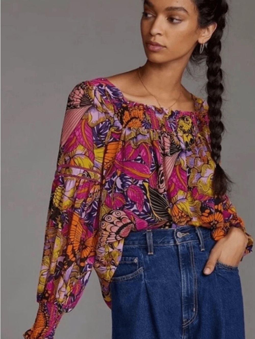 Anthropologie Alexandra Farmer Puff-Sleeved‎ Blouse XS Boho Floral Butterfly